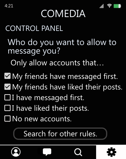 The image shows the control panel of CoMedia where Sannvi can choose who can message her. Sannvi has selected the two options that only allow accounts that either Sannvi's friends have messaged them first or liked their posts to message her.