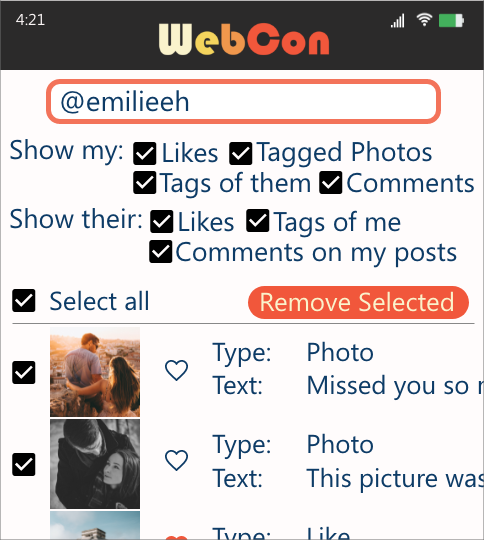 The image shows a dashboard where a WebCon user can query for certain likes, tags, comments, and posts related to a certain account. At the top, Jon has typed in Emily's username in a search box and selected to query for his posts that Emily liked, is tagged in, or left comments on, as well as Emily's posts that he liked, is tagged in, or left comments on. At the bottom, corresponding posts, likes, tags, and comments show up. Jon selected to delete everything that can be deletable.